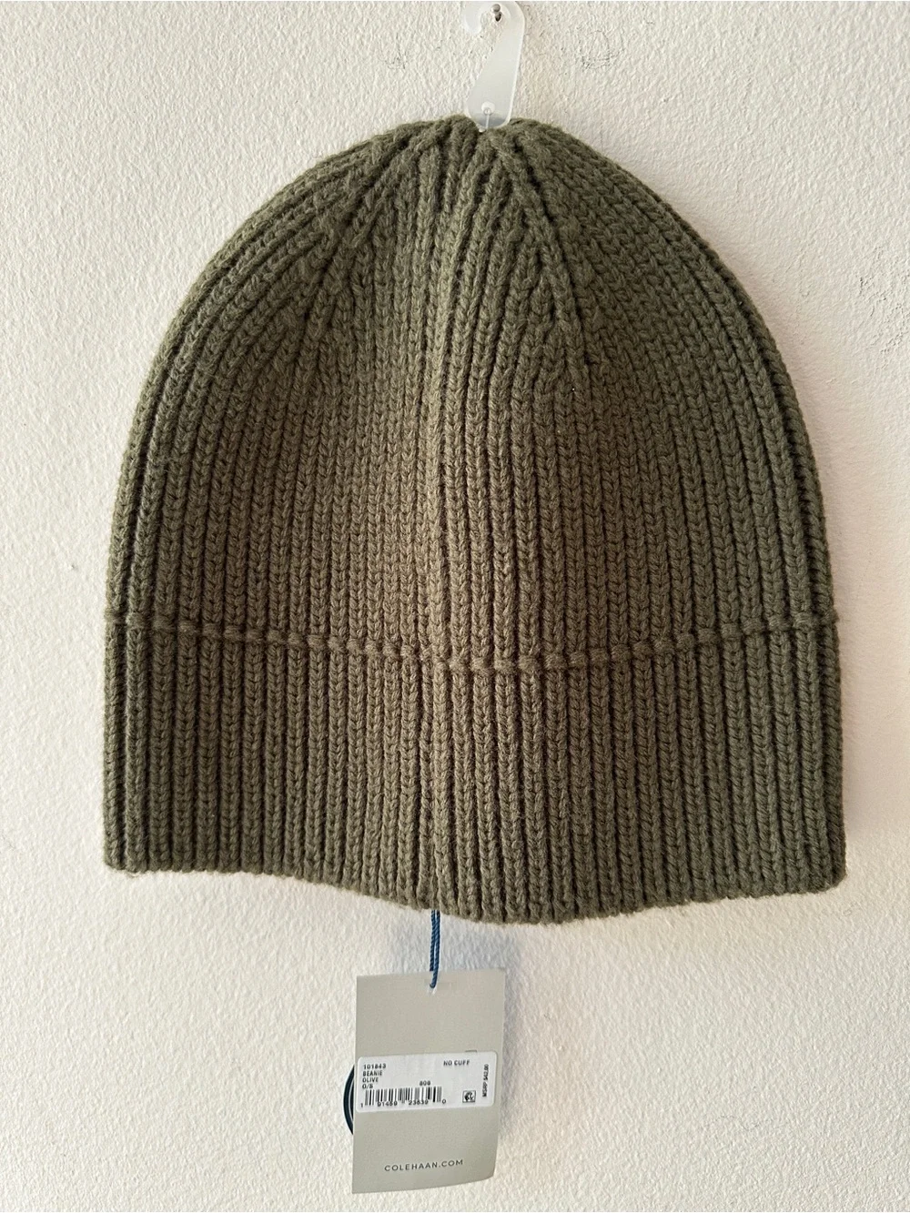 Cole Haan Olive Ribbed Knit Beanie with Leather Tag